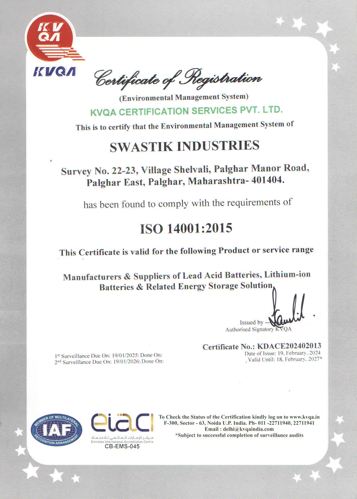 ISO 14001 Environmental Management Certificate